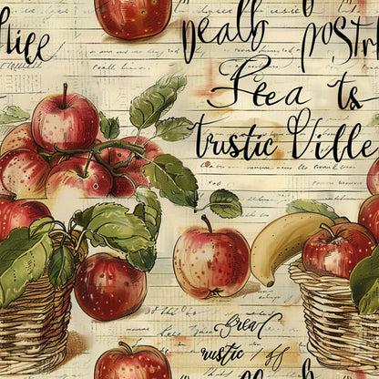 red apples, green leaves, wicker baskets, cream background, vintage script, botanical illustration, farm fresh, rustic style, quilting cotton, fabric panel, harvest theme, fruit motifs, handwritten text, aged paper look, country kitchen, autumn colors, natural elements, nostalgic design, cottage core