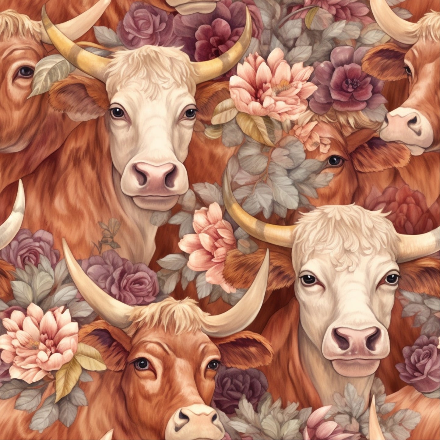 highland cows, floral pattern, roses, peonies, brown cattle, cream colored faces, horns, pastoral animals, botanical elements, pink flowers, purple blooms, green leaves, seamless repeat, farm animals, cow portraits, cottage core, rustic charm, quilting cotton, fabric panel, vintage florals