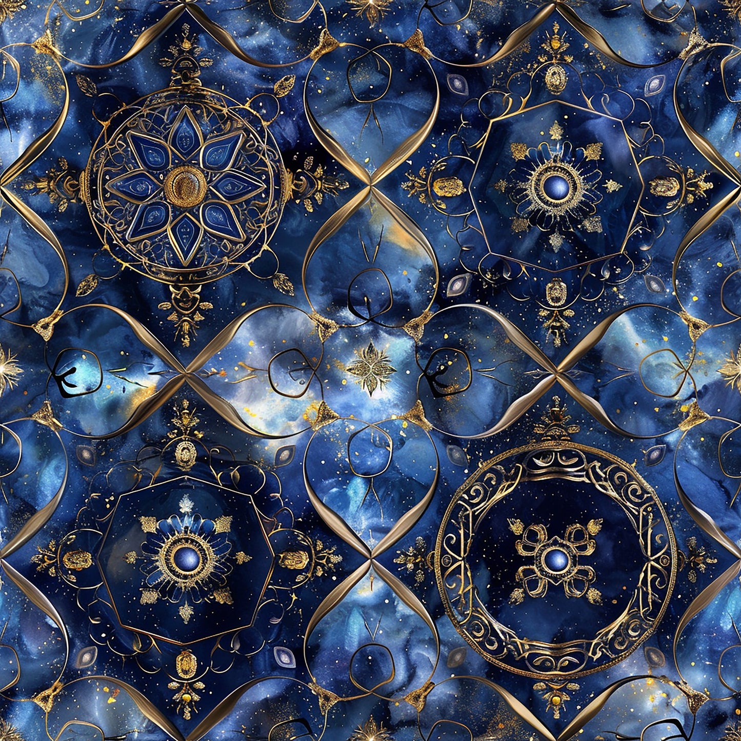 navy blue, deep blue, gold, bronze, celestial, baroque, ornate medallions, geometric patterns, starry sky, cosmic design, mandala motifs, decorative circles, intricate scrollwork, quilting cotton, fabric panel, luxurious, ornamental, cosmic swirls, celestial bodies, repeating pattern