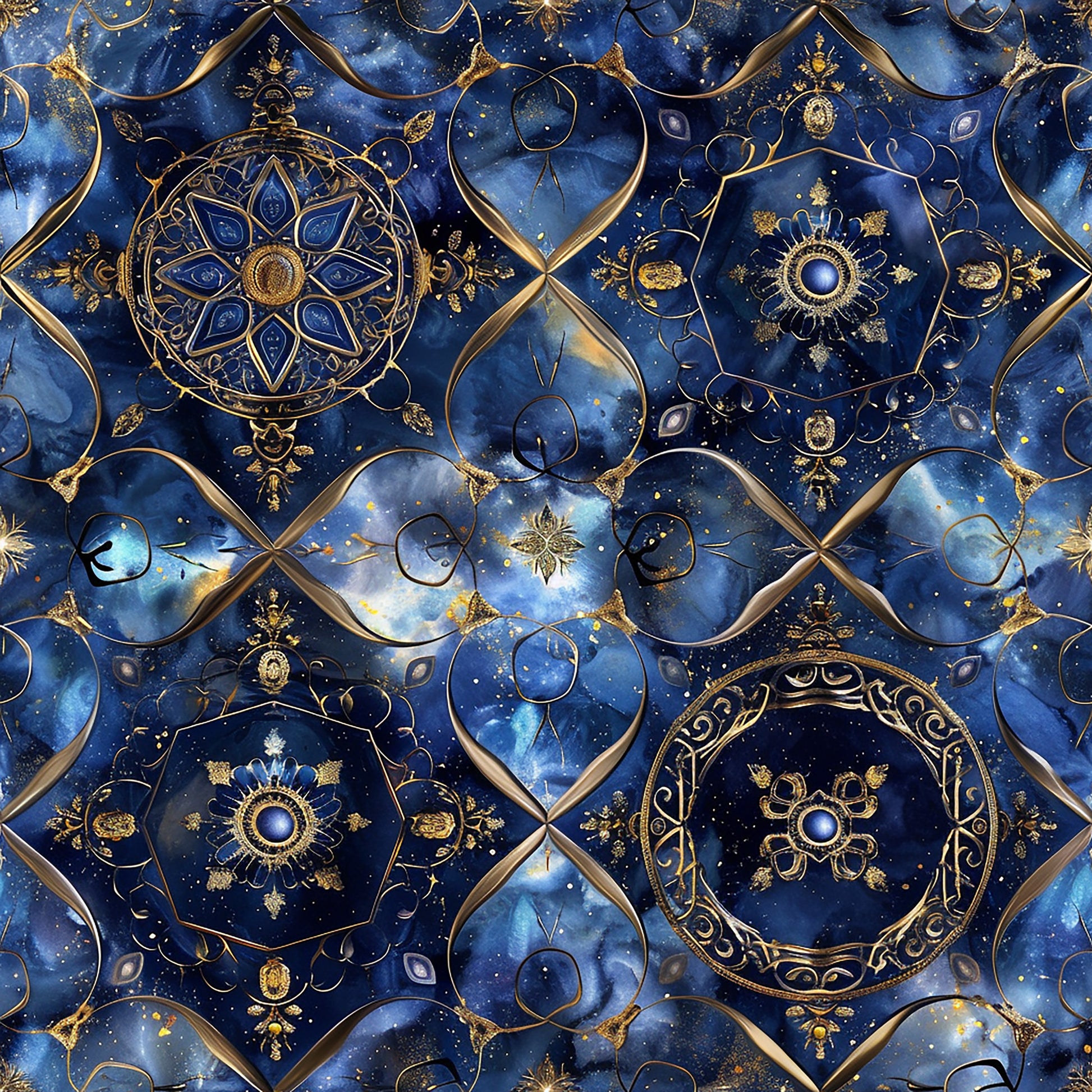navy blue, deep blue, gold, bronze, celestial, baroque, ornate medallions, geometric patterns, starry sky, cosmic design, mandala motifs, decorative circles, intricate scrollwork, quilting cotton, fabric panel, luxurious, ornamental, cosmic swirls, celestial bodies, repeating pattern