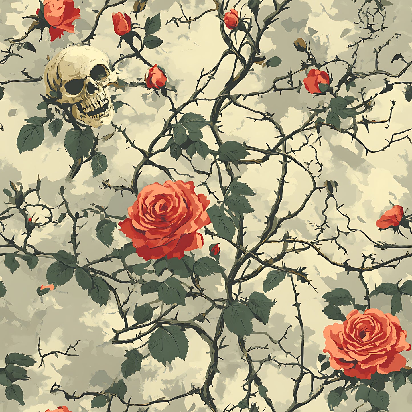 gothic roses, skull motif, thorny vines, coral red roses, cream background, dark green leaves, bramble thorns, bone imagery, vintage illustration, moody pattern, quilting cotton, fabric panel, gothic botanical, spooky floral, weathered texture, muted tones, intricate branches, death and beauty, alternative style, halloween theme