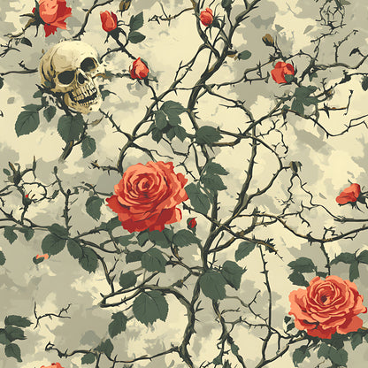 gothic roses, skull motif, thorny vines, coral red roses, cream background, dark green leaves, bramble thorns, bone imagery, vintage illustration, moody pattern, quilting cotton, fabric panel, gothic botanical, spooky floral, weathered texture, muted tones, intricate branches, death and beauty, alternative style, halloween theme