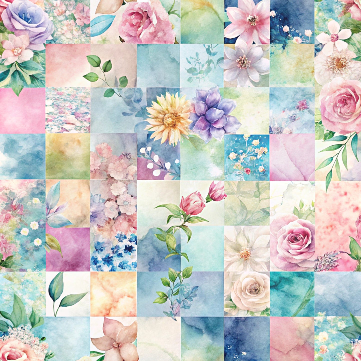 spring patchwork, quilting cotton, fabric panel, watercolor florals, pastel colors, pink roses, purple flowers, blue blossoms, green leaves, floral motifs, botanical designs, soft pastels, patchwork squares, quilting fabric, cotton material, spring blooms, delicate flowers, feminine palette, crafting fabric, sewing material