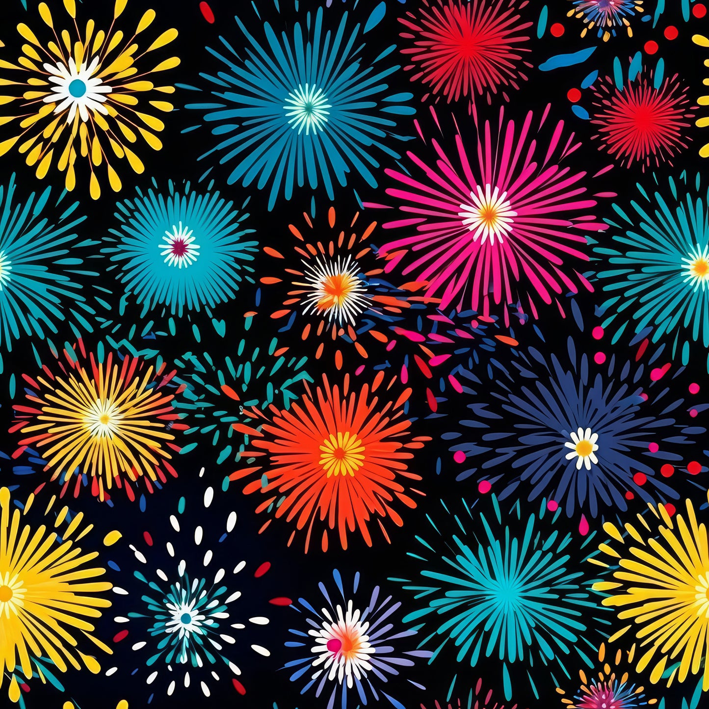 colorful fireworks, black background, yellow bursts, blue explosions, red sparkles, pink starbursts, orange flames, turquoise rays, purple fireworks, quilting cotton, fabric panel, celebration pattern, night sky, radiating lines, festive design, bright colors, geometric bursts, holiday theme, cotton fabric, vibrant explosions