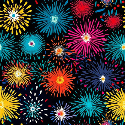 colorful fireworks, black background, yellow bursts, blue explosions, red sparkles, pink starbursts, orange flames, turquoise rays, purple fireworks, quilting cotton, fabric panel, celebration pattern, night sky, radiating lines, festive design, bright colors, geometric bursts, holiday theme, cotton fabric, vibrant explosions