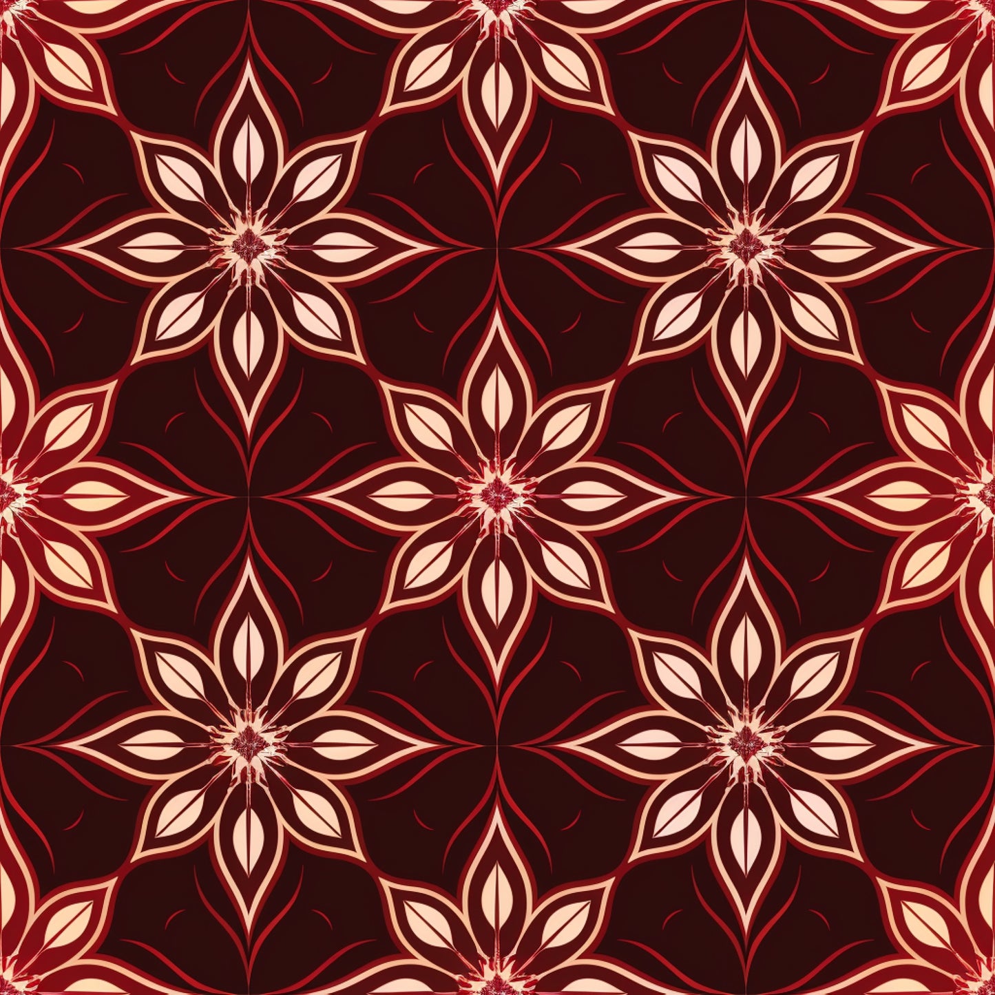 burgundy, deep red, cream, beige, abstract flowers, geometric pattern, star motifs, floral design, repeating pattern, ornamental, decorative, symmetrical, vintage style, elegant, sophisticated, quilting cotton, fabric panel, seamless repeat, botanical elements, intricate details
