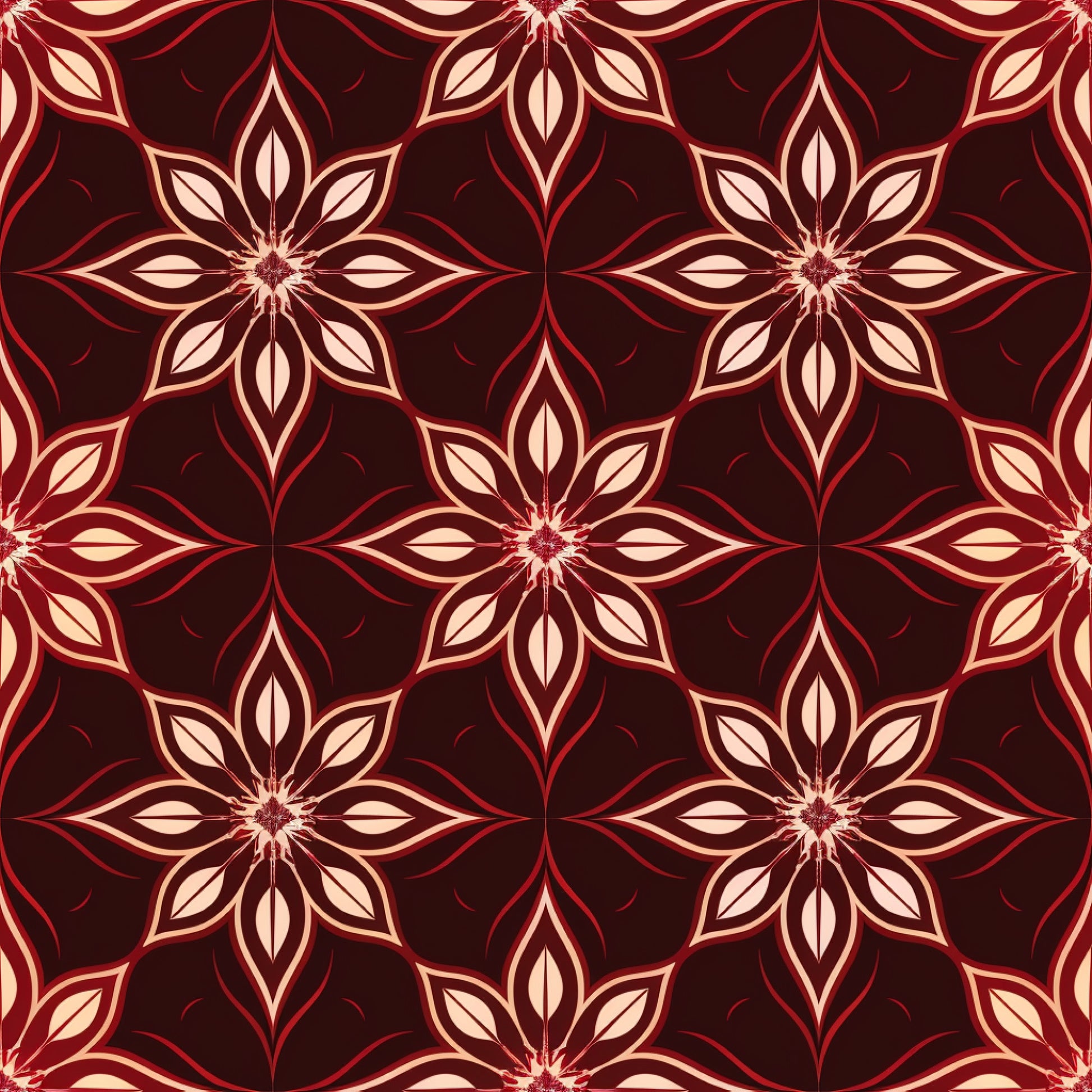 burgundy, deep red, cream, beige, abstract flowers, geometric pattern, star motifs, floral design, repeating pattern, ornamental, decorative, symmetrical, vintage style, elegant, sophisticated, quilting cotton, fabric panel, seamless repeat, botanical elements, intricate details
