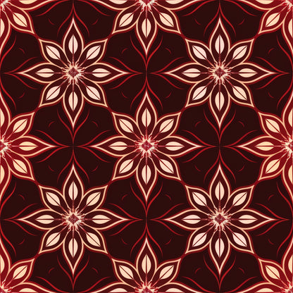 burgundy, deep red, cream, beige, abstract flowers, geometric pattern, star motifs, floral design, repeating pattern, ornamental, decorative, symmetrical, vintage style, elegant, sophisticated, quilting cotton, fabric panel, seamless repeat, botanical elements, intricate details