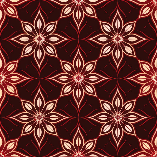 burgundy, deep red, cream, beige, abstract flowers, geometric pattern, star motifs, floral design, repeating pattern, ornamental, decorative, symmetrical, vintage style, elegant, sophisticated, quilting cotton, fabric panel, seamless repeat, botanical elements, intricate details
