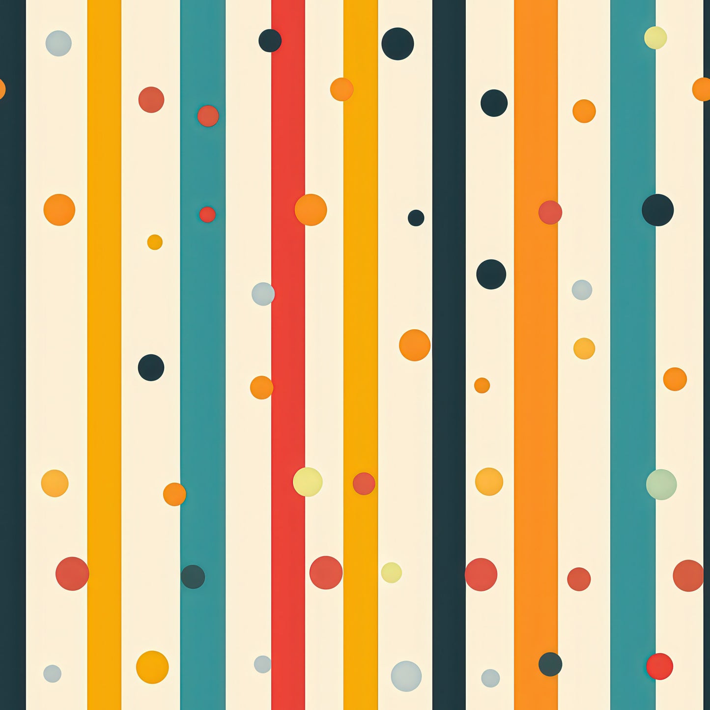 colorful stripes, polka dots, geometric pattern, vertical stripes, orange, teal, red, yellow, navy blue, cream background, retro style, modern design, quilting cotton, fabric panel, cheerful, vibrant colors, abstract design, playful pattern, crafting material, mid-century modern