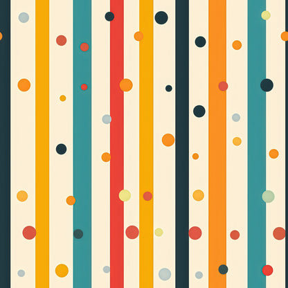 colorful stripes, polka dots, geometric pattern, vertical stripes, orange, teal, red, yellow, navy blue, cream background, retro style, modern design, quilting cotton, fabric panel, cheerful, vibrant colors, abstract design, playful pattern, crafting material, mid-century modern