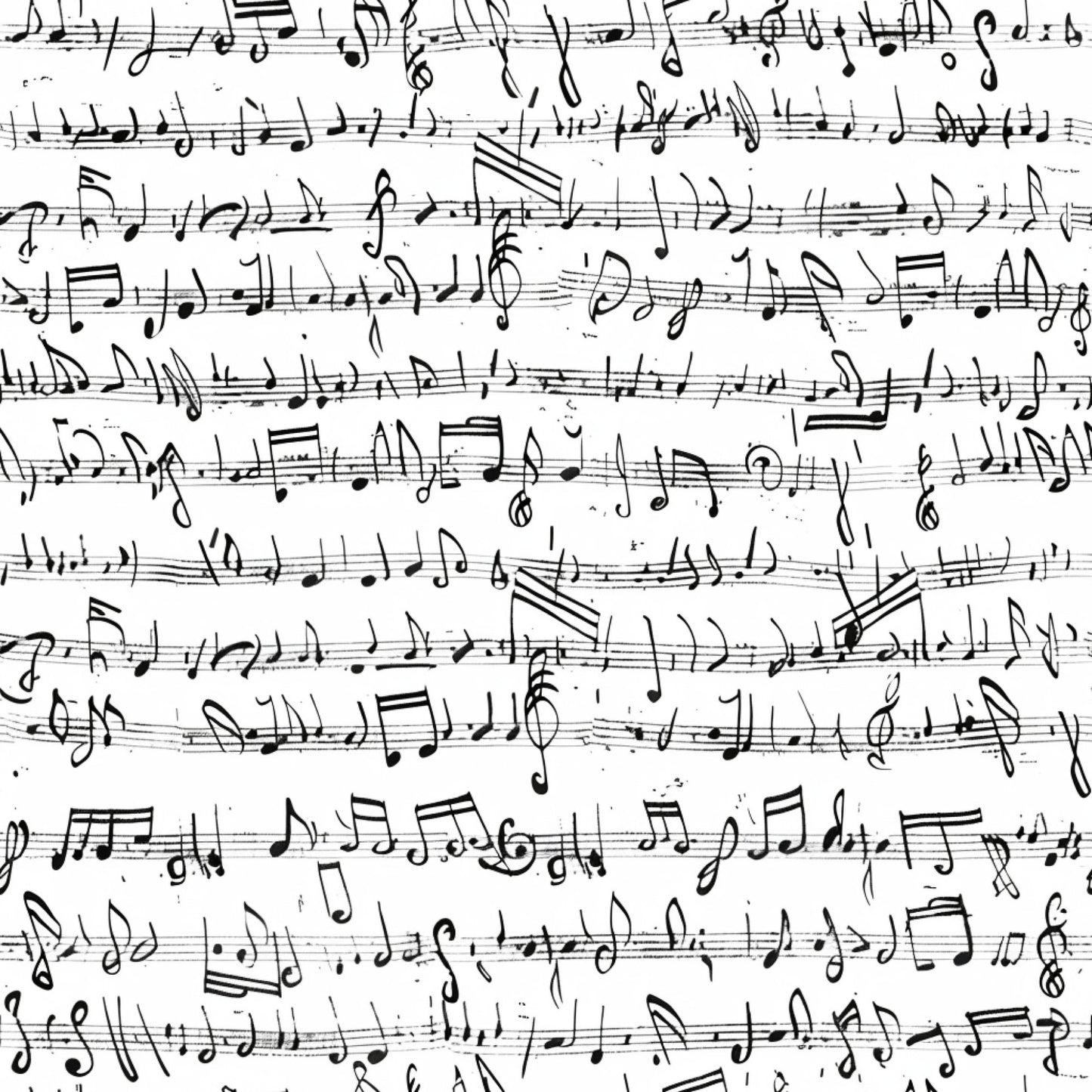 black and white, musical notes, handwritten style, sheet music, treble clef, staff lines, music notation, quilting cotton, fabric panel, monochrome pattern, artistic script, musical symbols, vintage manuscript, flowing lines, creative design, crafting material, sewing fabric, music themed, scattered notes, organic layout