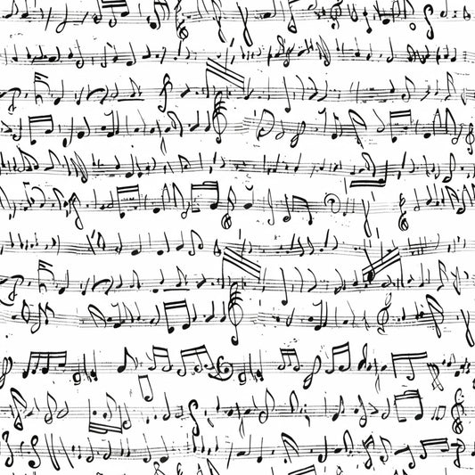 black and white, musical notes, handwritten style, sheet music, treble clef, staff lines, music notation, quilting cotton, fabric panel, monochrome pattern, artistic script, musical symbols, vintage manuscript, flowing lines, creative design, crafting material, sewing fabric, music themed, scattered notes, organic layout