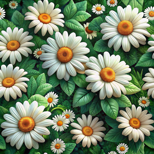 white daisies, orange centers, green leaves, realistic flowers, floral pattern, quilting cotton, fabric panel, botanical design, nature motif, bright colors, detailed petals, garden flowers, spring theme, cheerful mood, intricate design, vibrant orange, forest green, cream white, seamless pattern, decorative fabric