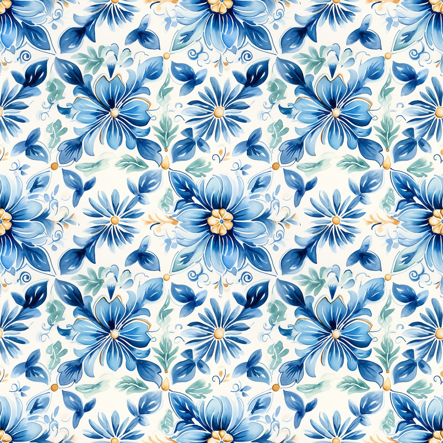 blue flowers, handpainted style, tile pattern, floral motif, watercolor effect, navy blue, light blue, sage green, orange accents, cream background, botanical design, repeating pattern, decorative flowers, mediterranean style, ceramic tile look, quilting cotton, fabric panel, artistic florals, painted petals, ornamental design