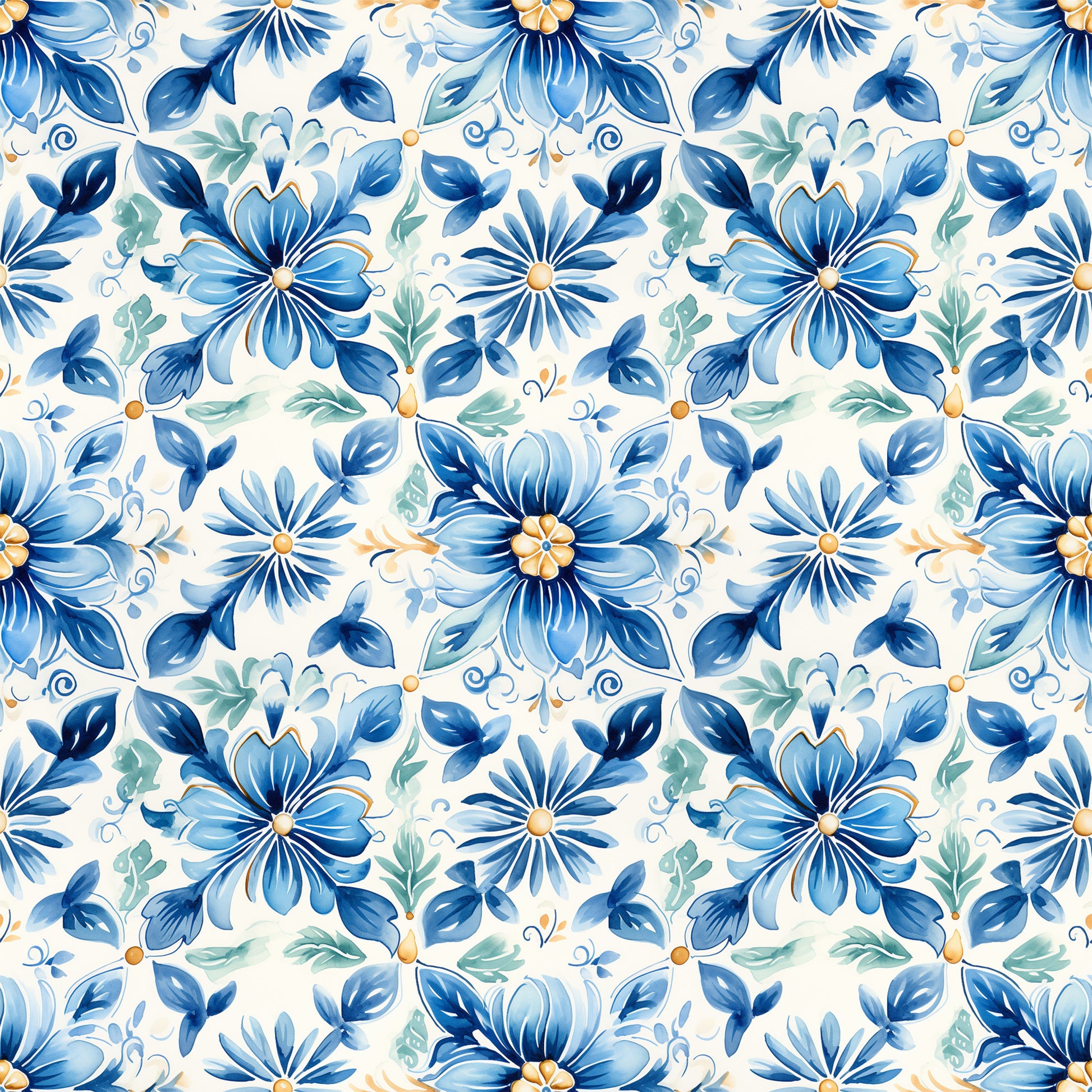 blue flowers, handpainted style, tile pattern, floral motif, watercolor effect, navy blue, light blue, sage green, orange accents, cream background, botanical design, repeating pattern, decorative flowers, mediterranean style, ceramic tile look, quilting cotton, fabric panel, artistic florals, painted petals, ornamental design