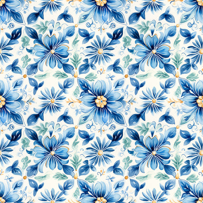 blue flowers, handpainted style, tile pattern, floral motif, watercolor effect, navy blue, light blue, sage green, orange accents, cream background, botanical design, repeating pattern, decorative flowers, mediterranean style, ceramic tile look, quilting cotton, fabric panel, artistic florals, painted petals, ornamental design