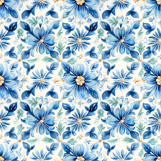 blue flowers, handpainted style, tile pattern, floral motif, watercolor effect, navy blue, light blue, sage green, orange accents, cream background, botanical design, repeating pattern, decorative flowers, mediterranean style, ceramic tile look, quilting cotton, fabric panel, artistic florals, painted petals, ornamental design