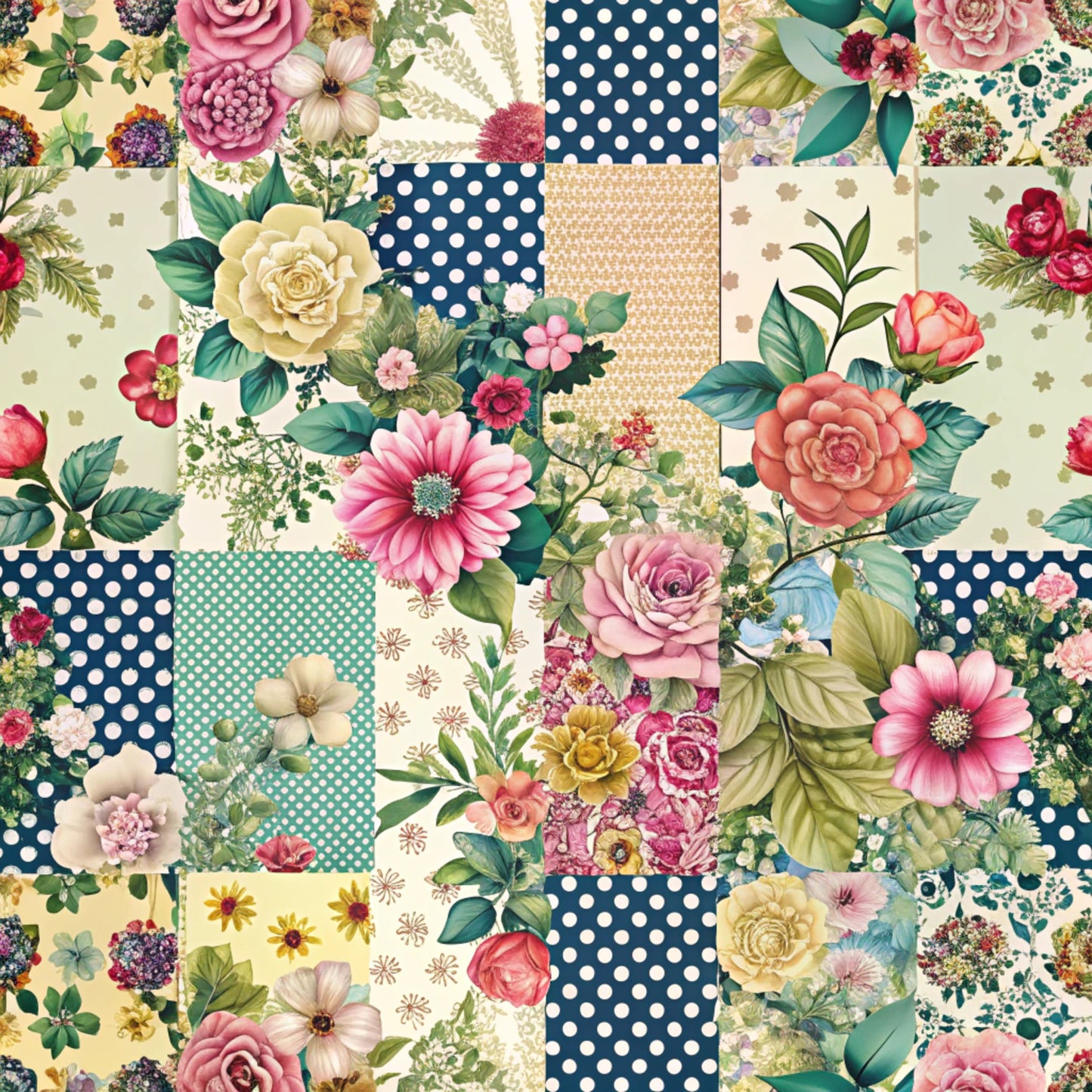 spring flowers, patchwork squares, quilting cotton, floral motifs, navy polka dots, pink roses, cream background, teal accents, botanical prints, cottage garden, vintage florals, fabric panel, coordinating patterns, pastel blooms, green leaves, mixed prints, quilting blocks, spring theme, feminine design, crafting fabric
