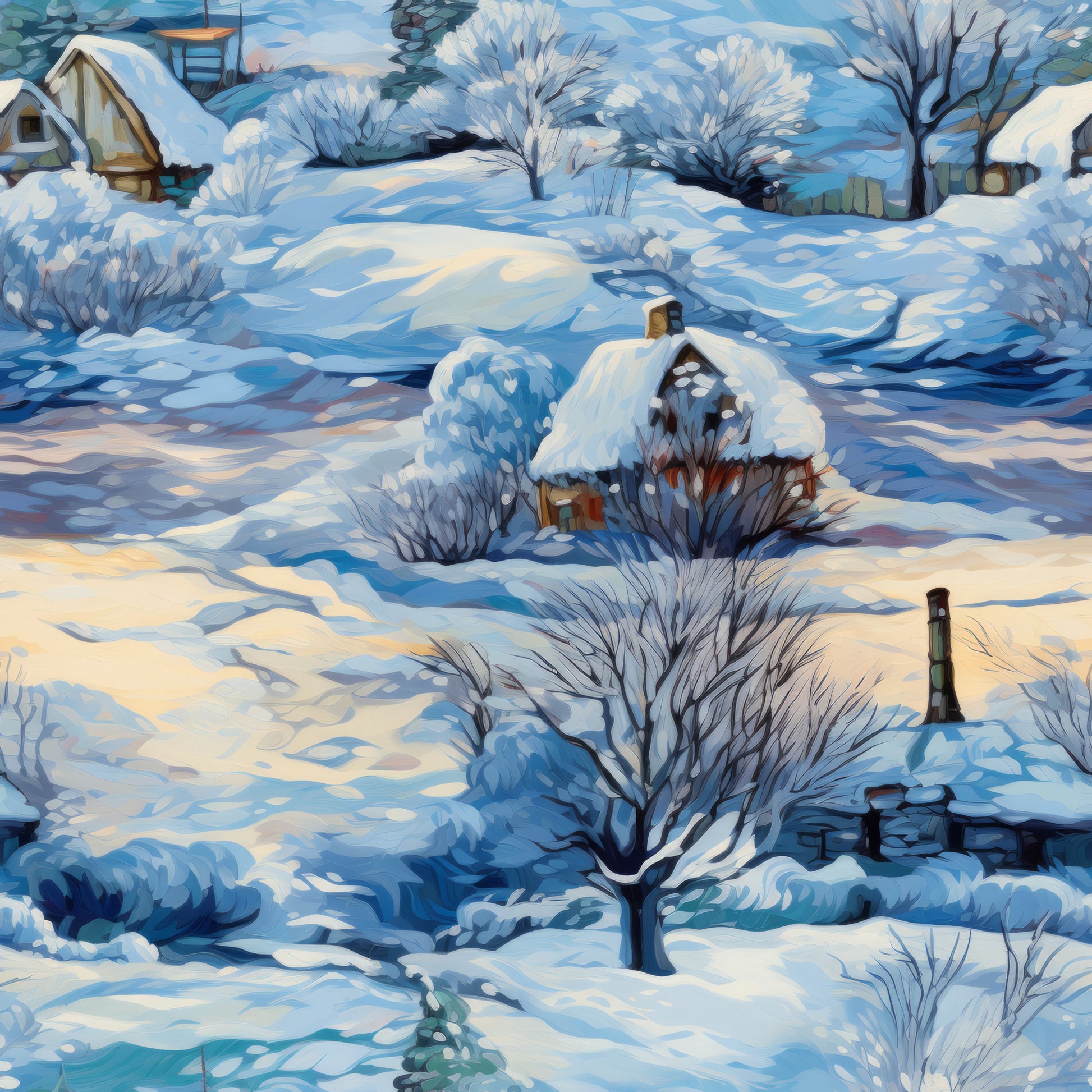 winter landscape, snow scene, cozy cottages, bare trees, frost covered, blue tones, white snow, cream colors, rural village, quilting cotton, fabric panel, peaceful scenery, winter houses, snowy ground, cold weather, serene atmosphere, country homes, winter wonderland, fabric art, cotton material