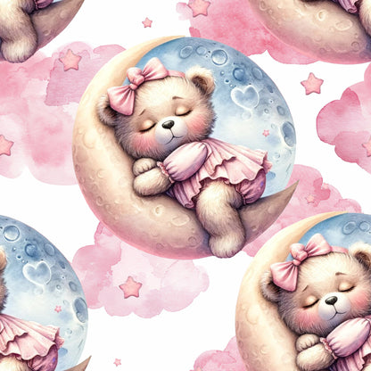 pink, purple, blue, teddy bears, crescent moon, stars, clouds, watercolor style, sleepy bears, bow accessories, tulle skirts, dreamy, nighttime theme, celestial, pastel colors, whimsical, nursery fabric, quilting cotton, fabric panel, cute animals, peaceful mood