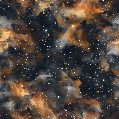 brown, orange, navy blue, black, white, galaxy pattern, stars, nebula, cosmic clouds, space theme, celestial design, painted watercolor style, quilting cotton, fabric panel, astronomy motif, starfield, dusty clouds, deep space, atmospheric swirls, constellation dots