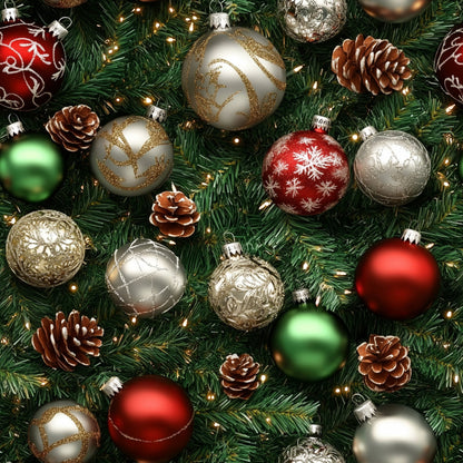 christmas ornaments, red baubles, green ornaments, gold decorations, silver balls, pine cones, evergreen branches, string lights, snowflake patterns, quilting cotton, fabric panel, holiday theme, festive design, realistic style, warm lighting, metallic accents, winter decorations, christmas tree elements, seasonal pattern, cotton fabric