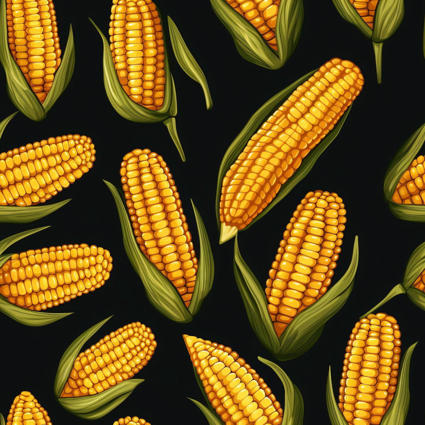 sweet corn, corn cobs, golden yellow, orange kernels, green husks, dark background, vegetable pattern, harvest theme, autumn motif, quilting cotton, fabric panel, realistic illustration, food design, agricultural theme, scattered layout, botanical art, farm fresh, produce pattern, vibrant colors, repeating design