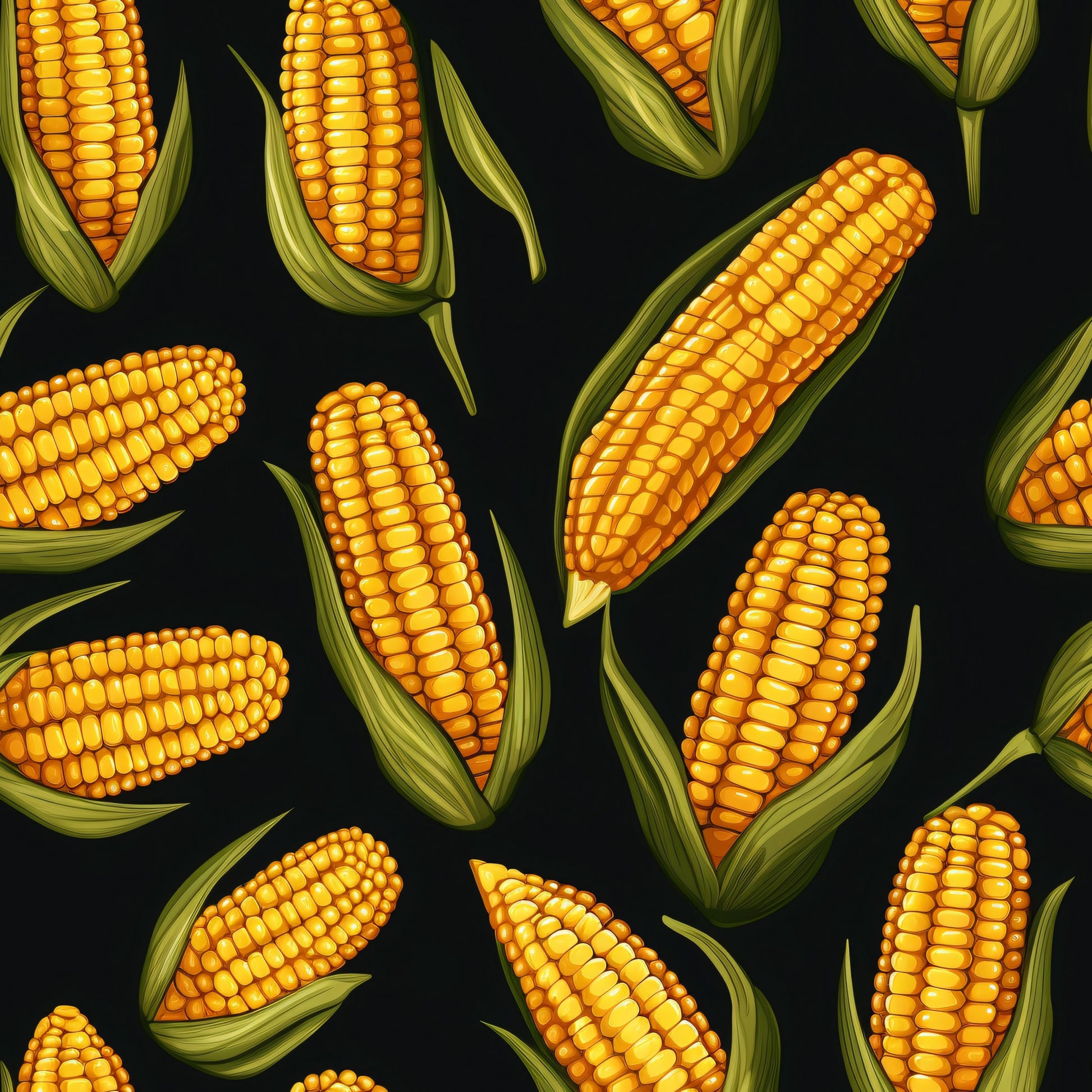 sweet corn, corn cobs, golden yellow, orange kernels, green husks, dark background, vegetable pattern, harvest theme, autumn motif, quilting cotton, fabric panel, realistic illustration, food design, agricultural theme, scattered layout, botanical art, farm fresh, produce pattern, vibrant colors, repeating design