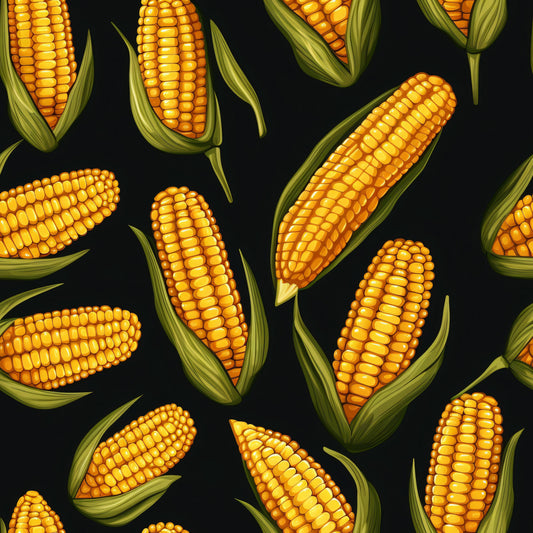 sweet corn, corn cobs, golden yellow, orange kernels, green husks, dark background, vegetable pattern, harvest theme, autumn motif, quilting cotton, fabric panel, realistic illustration, food design, agricultural theme, scattered layout, botanical art, farm fresh, produce pattern, vibrant colors, repeating design