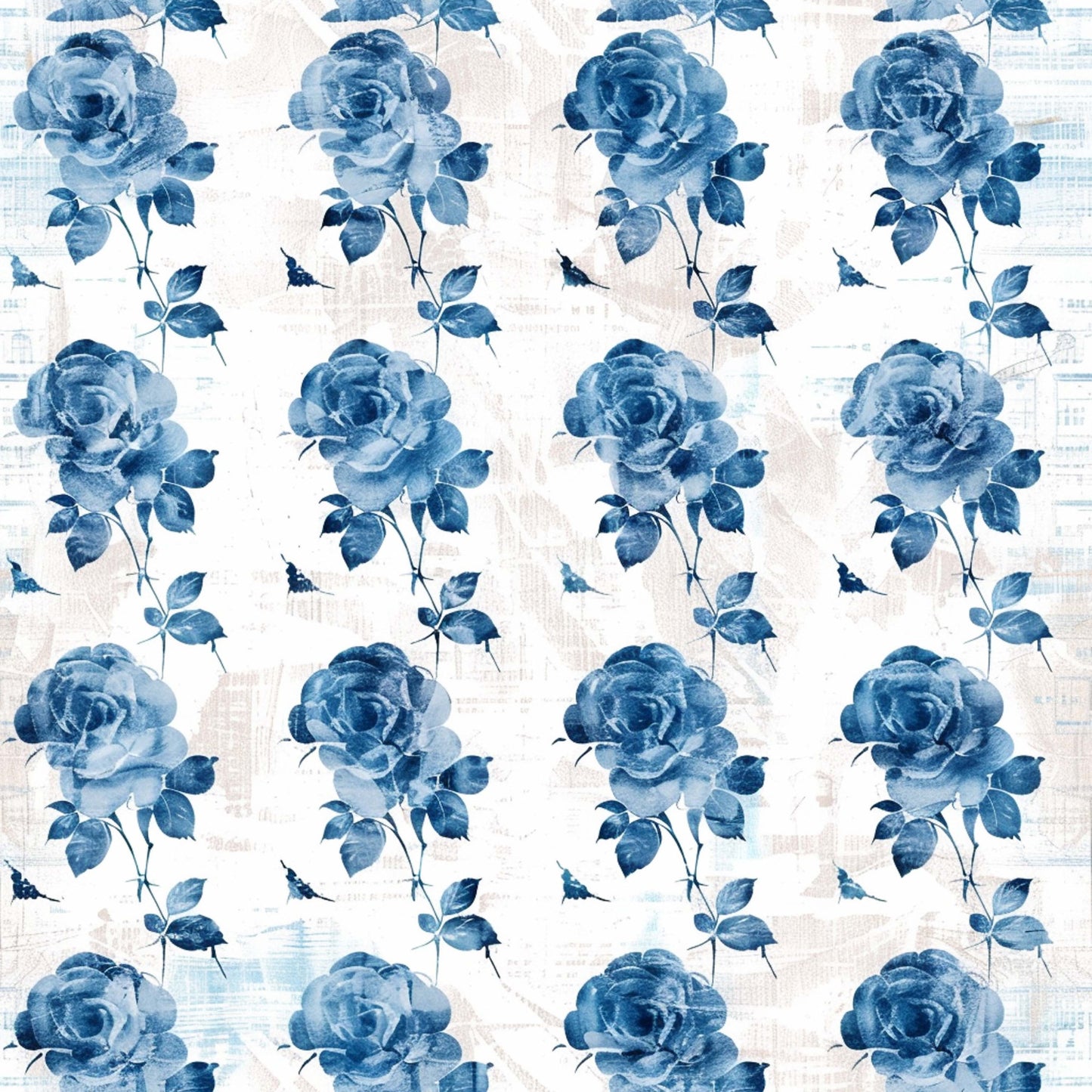 blue roses, watercolor roses, vintage floral, shabby chic, distressed background, rose pattern, botanical design, soft blue, navy blue, pale blue, quilting cotton, fabric panel, romantic florals, cottage style, repeating pattern, delicate stems, layered petals, weathered texture, farmhouse style, monochromatic blue