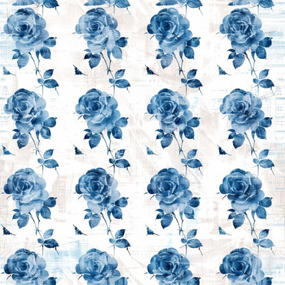 blue roses, watercolor roses, vintage floral, shabby chic, distressed background, rose pattern, botanical design, soft blue, navy blue, pale blue, quilting cotton, fabric panel, romantic florals, cottage style, repeating pattern, delicate stems, layered petals, weathered texture, farmhouse style, monochromatic blue