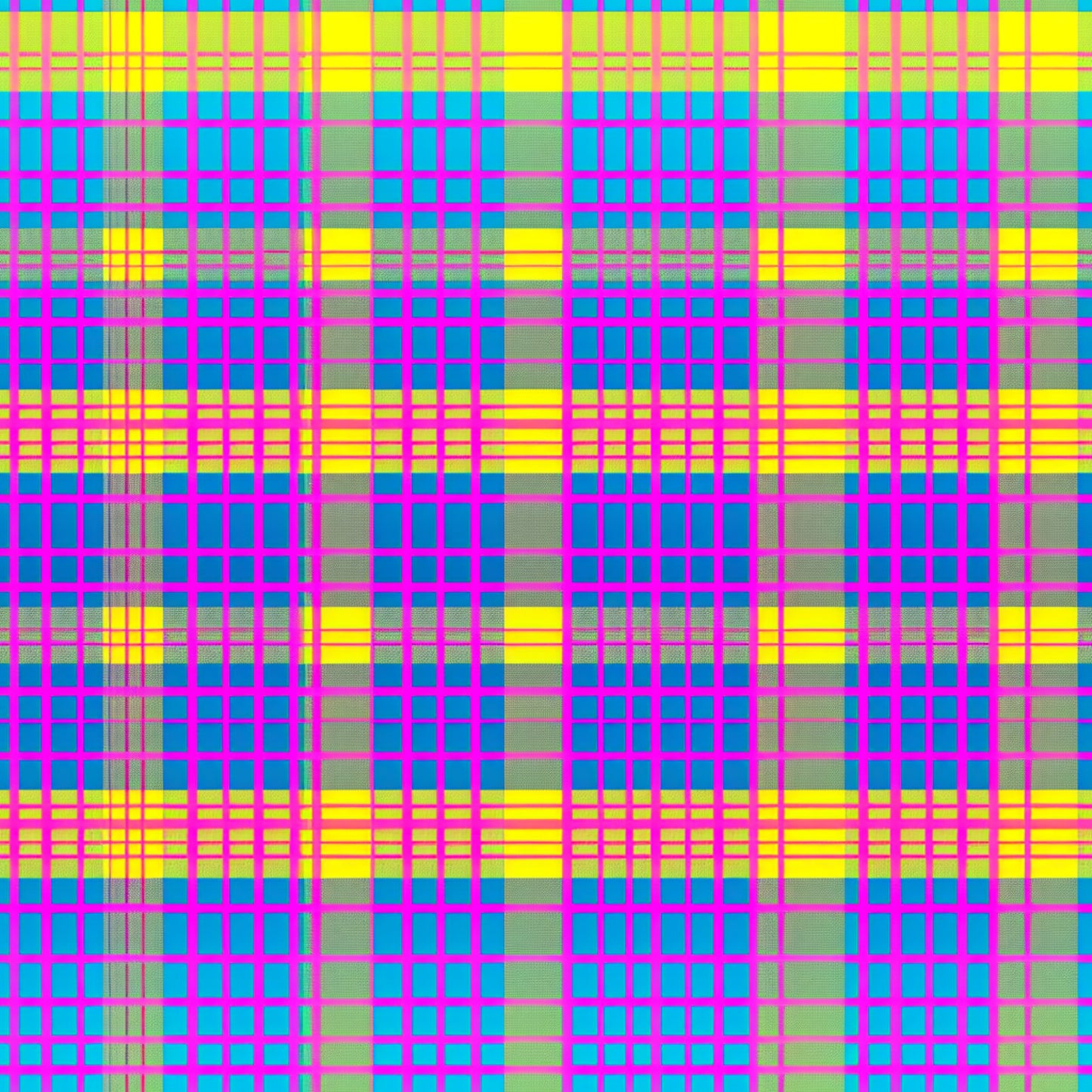 neon colors, bright pink, electric blue, lime green, yellow, magenta, cyan, gingham pattern, checkered design, plaid weave, geometric grid, intersecting lines, vibrant hues, high contrast, electric colors, quilting cotton, fabric panel, modern pattern, contemporary design, eye-catching