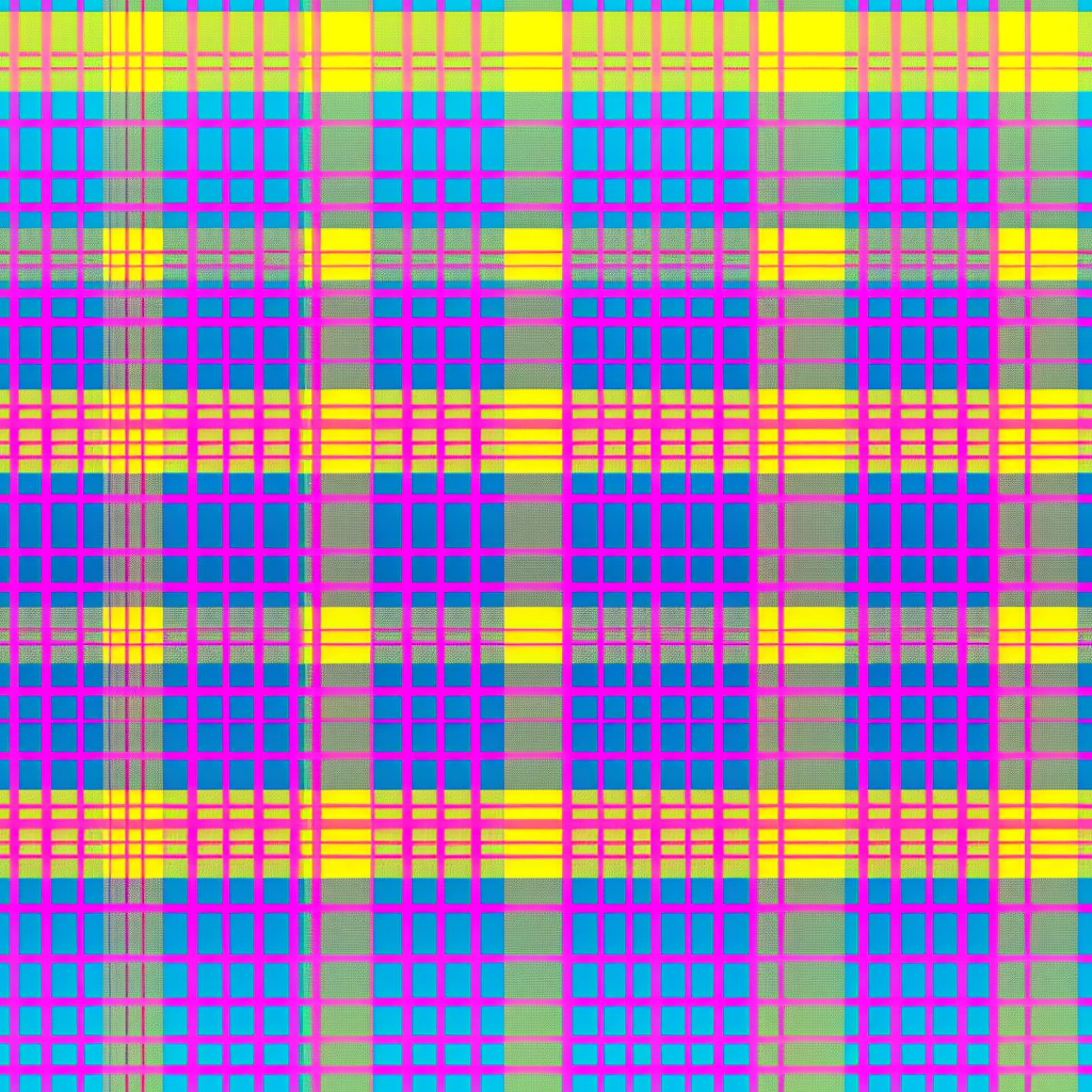 neon colors, bright pink, electric blue, lime green, yellow, magenta, cyan, gingham pattern, checkered design, plaid weave, geometric grid, intersecting lines, vibrant hues, high contrast, electric colors, quilting cotton, fabric panel, modern pattern, contemporary design, eye-catching