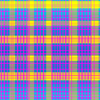 neon colors, bright pink, electric blue, lime green, yellow, magenta, cyan, gingham pattern, checkered design, plaid weave, geometric grid, intersecting lines, vibrant hues, high contrast, electric colors, quilting cotton, fabric panel, modern pattern, contemporary design, eye-catching