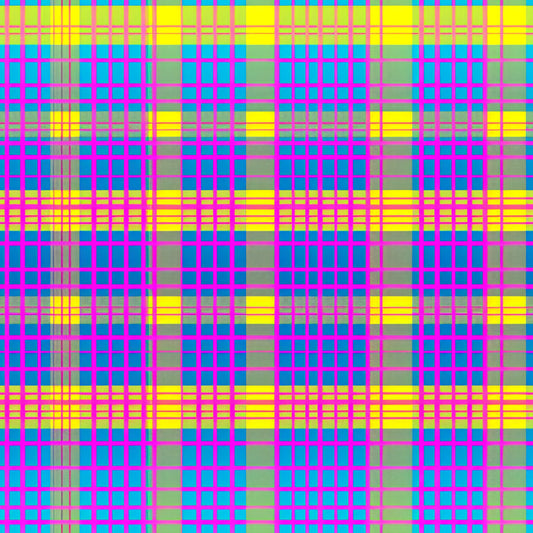 neon colors, bright pink, electric blue, lime green, yellow, magenta, cyan, gingham pattern, checkered design, plaid weave, geometric grid, intersecting lines, vibrant hues, high contrast, electric colors, quilting cotton, fabric panel, modern pattern, contemporary design, eye-catching