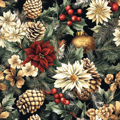 christmas pattern, pinecones, winter florals, poinsettia, holly berries, evergreen branches, gold ornament, cream flowers, deep red, forest green, golden brown, botanical design, holiday motif, quilting cotton, fabric panel, seasonal decor, festive elements, nature inspired, winter botanicals, christmas crafting