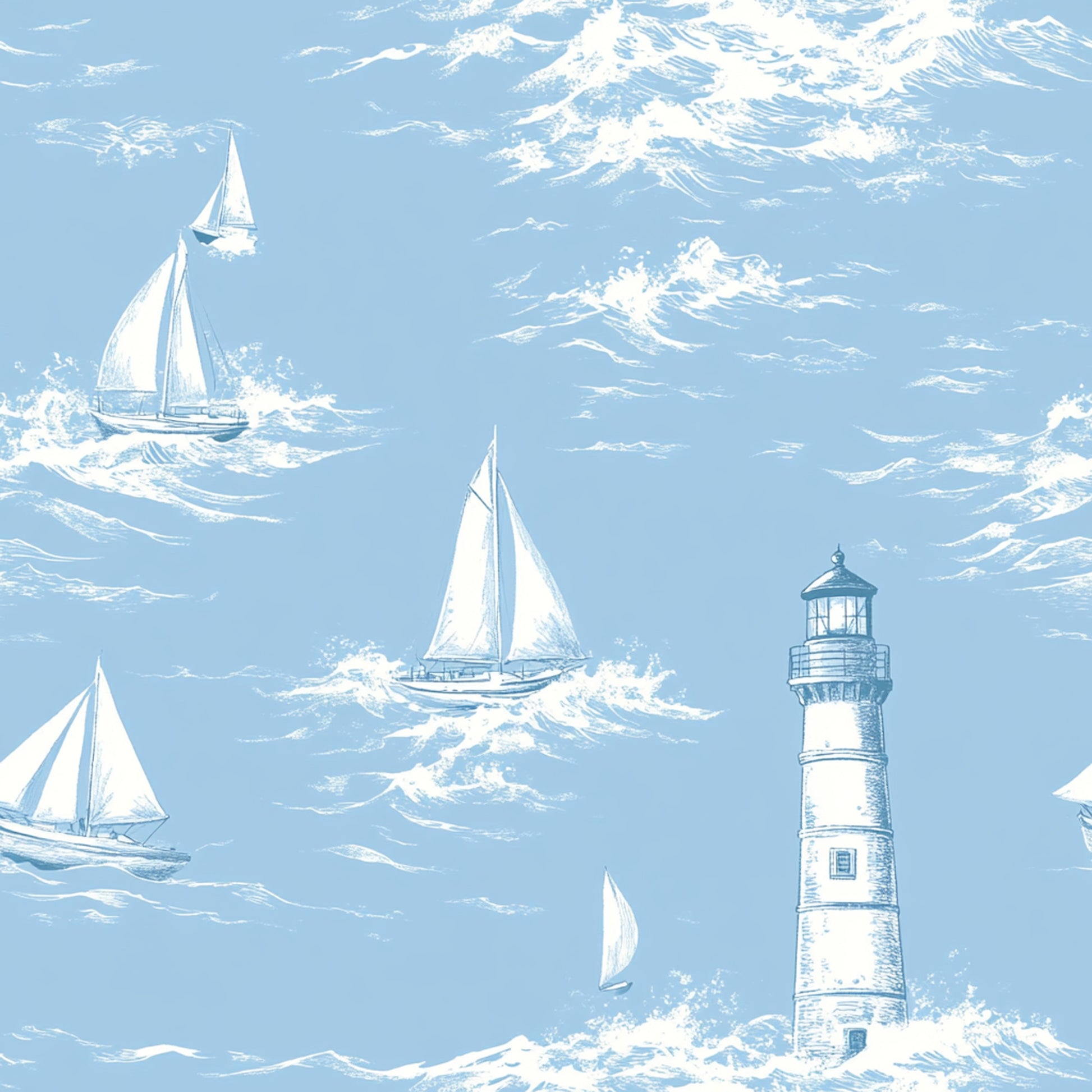 light blue, powder blue, white, lighthouse, sailboats, nautical scene, ocean waves, maritime, coastal theme, toile pattern, vintage style, quilting cotton, fabric panel, seascape, sailing vessels, beacon light, wave pattern, monochromatic design, nautical motifs, marine illustration