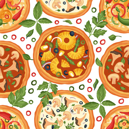 pizza pattern, italian food, repeating motif, orange crust, yellow pineapple, green basil, red tomatoes, mushrooms, olives, cheese toppings, culinary theme, food illustration, bright colors, kitchen theme, quilting cotton, fabric panel, cooking motif, restaurant decor, appetizing design, colorful vegetables
