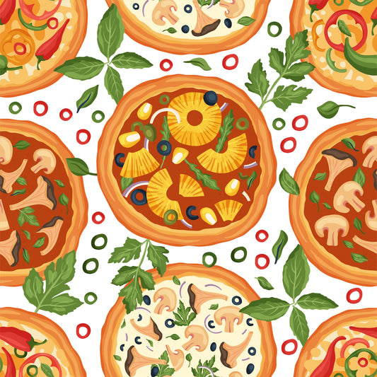pizza pattern, italian food, repeating motif, orange crust, yellow pineapple, green basil, red tomatoes, mushrooms, olives, cheese toppings, culinary theme, food illustration, bright colors, kitchen theme, quilting cotton, fabric panel, cooking motif, restaurant decor, appetizing design, colorful vegetables