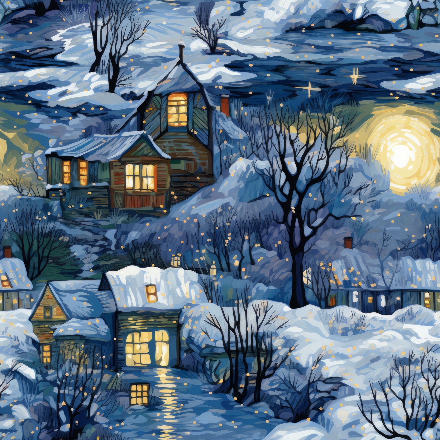 winter scene, snowy landscape, cozy houses, warm golden windows, swirling sky, bare trees, deep blue, navy blue, golden yellow, white snow, village scene, nighttime, magical lights, quilting cotton, fabric panel, whimsical art, starry dots, cottage homes, winter evening, peaceful mood