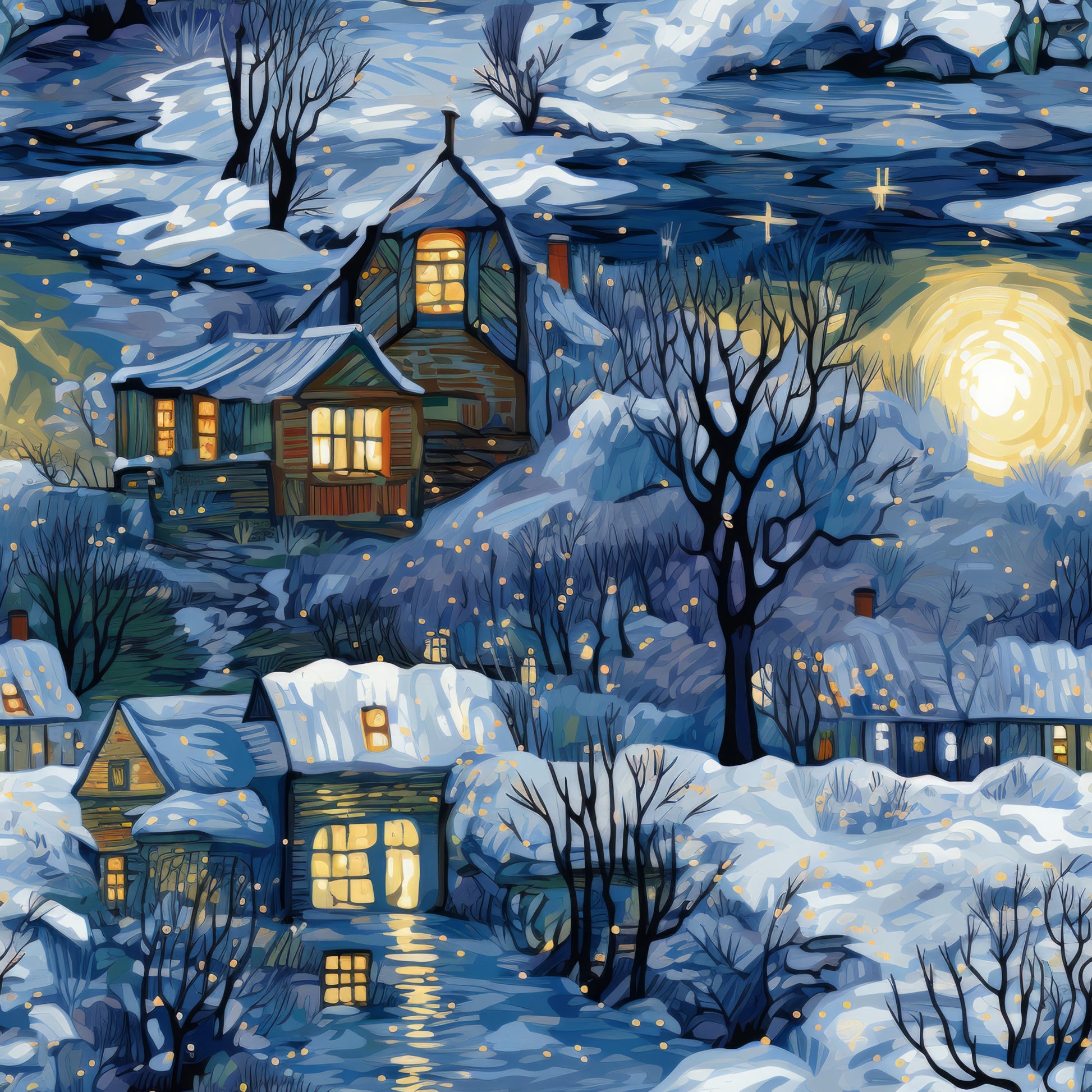 winter scene, snowy landscape, cozy houses, warm golden windows, swirling sky, bare trees, deep blue, navy blue, golden yellow, white snow, village scene, nighttime, magical lights, quilting cotton, fabric panel, whimsical art, starry dots, cottage homes, winter evening, peaceful mood