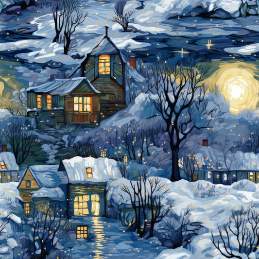 winter scene, snowy landscape, cozy houses, warm golden windows, swirling sky, bare trees, deep blue, navy blue, golden yellow, white snow, village scene, nighttime, magical lights, quilting cotton, fabric panel, whimsical art, starry dots, cottage homes, winter evening, peaceful mood