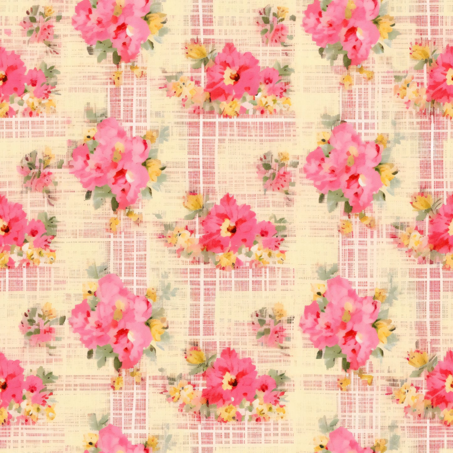 pink flowers, coral blooms, yellow accents, green leaves, plaid background, crosshatch pattern, watercolor style, floral motif, repeating design, shabby chic, cottage core, spring theme, quilting cotton, fabric panel, soft pastels, romantic florals, country style, vintage inspired, feminine aesthetic