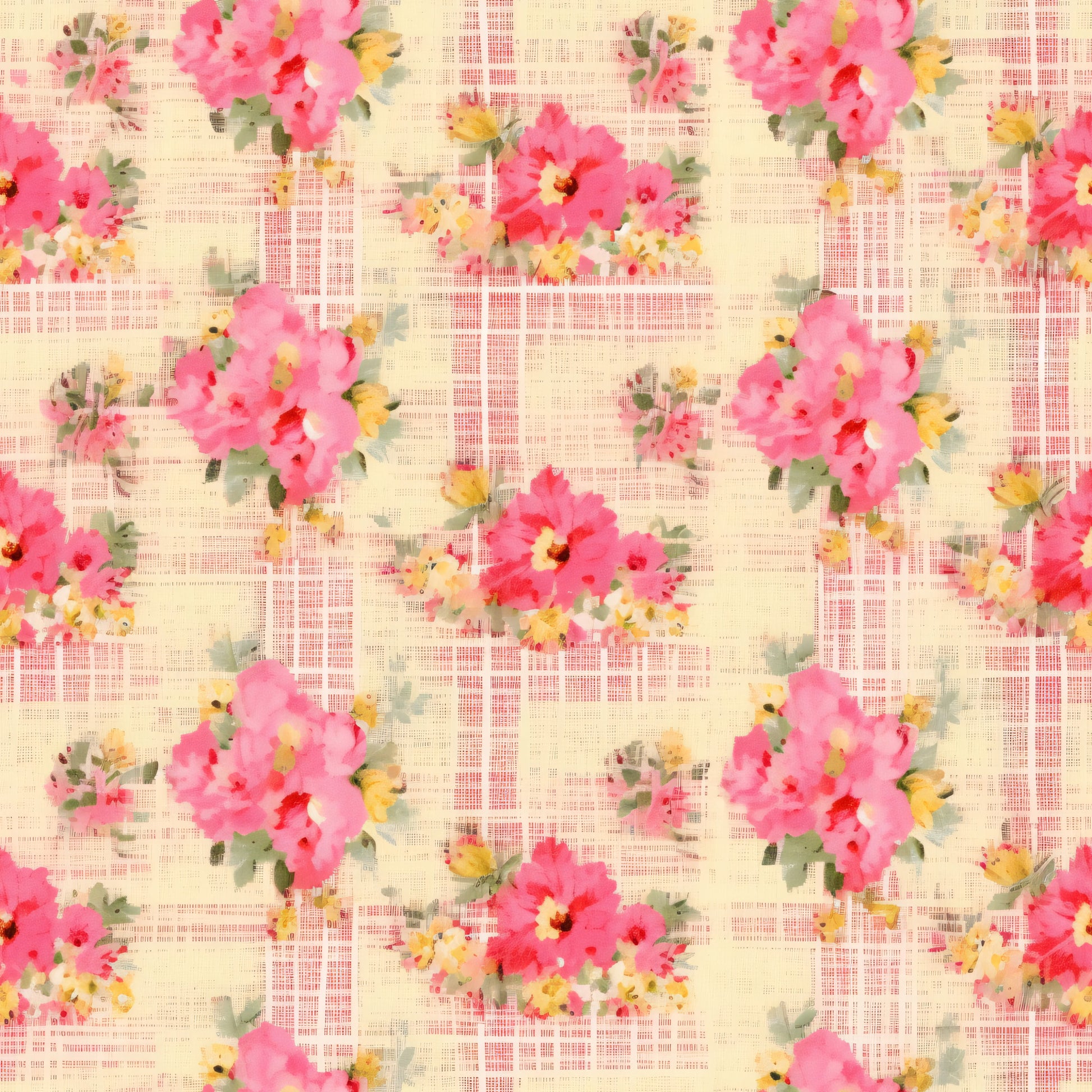 pink flowers, coral blooms, yellow accents, green leaves, plaid background, crosshatch pattern, watercolor style, floral motif, repeating design, shabby chic, cottage core, spring theme, quilting cotton, fabric panel, soft pastels, romantic florals, country style, vintage inspired, feminine aesthetic