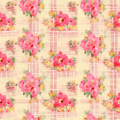 pink flowers, coral blooms, yellow accents, green leaves, plaid background, crosshatch pattern, watercolor style, floral motif, repeating design, shabby chic, cottage core, spring theme, quilting cotton, fabric panel, soft pastels, romantic florals, country style, vintage inspired, feminine aesthetic
