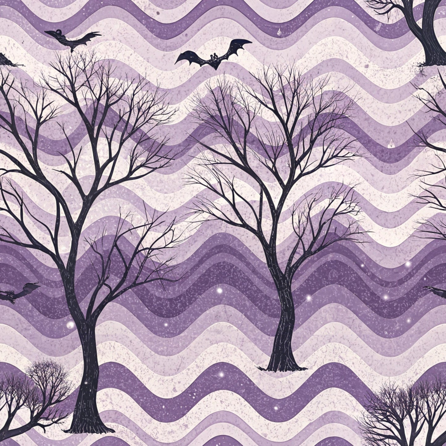 purple, lavender, cream, wavy stripes, bare trees, flying bats, halloween, spooky, gothic, vintage, retro, quilting cotton, fabric panel, autumn, seasonal, silhouettes, starry sky, mystical, chevron waves, twilight