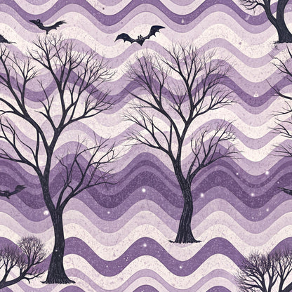 purple, lavender, cream, wavy stripes, bare trees, flying bats, halloween, spooky, gothic, vintage, retro, quilting cotton, fabric panel, autumn, seasonal, silhouettes, starry sky, mystical, chevron waves, twilight