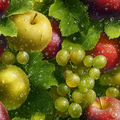 fresh fruits, green grapes, red apples, yellow apples, water droplets, realistic photography, vibrant colors, emerald green, crimson red, golden yellow, fruit pattern, quilting cotton, fabric panel, botanical design, kitchen theme, food motif, dewdrops, glossy finish, nature inspired, photorealistic style