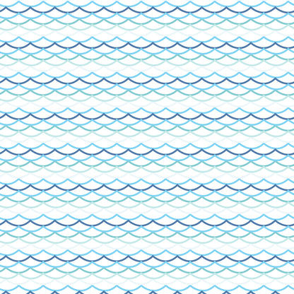 navy blue, light blue, teal, aqua, white, wave pattern, ocean waves, nautical design, sea motif, repeating waves, horizontal stripes, water pattern, marine theme, coastal design, quilting cotton, fabric panel, beach vibes, flowing waves, layered waves, maritime pattern